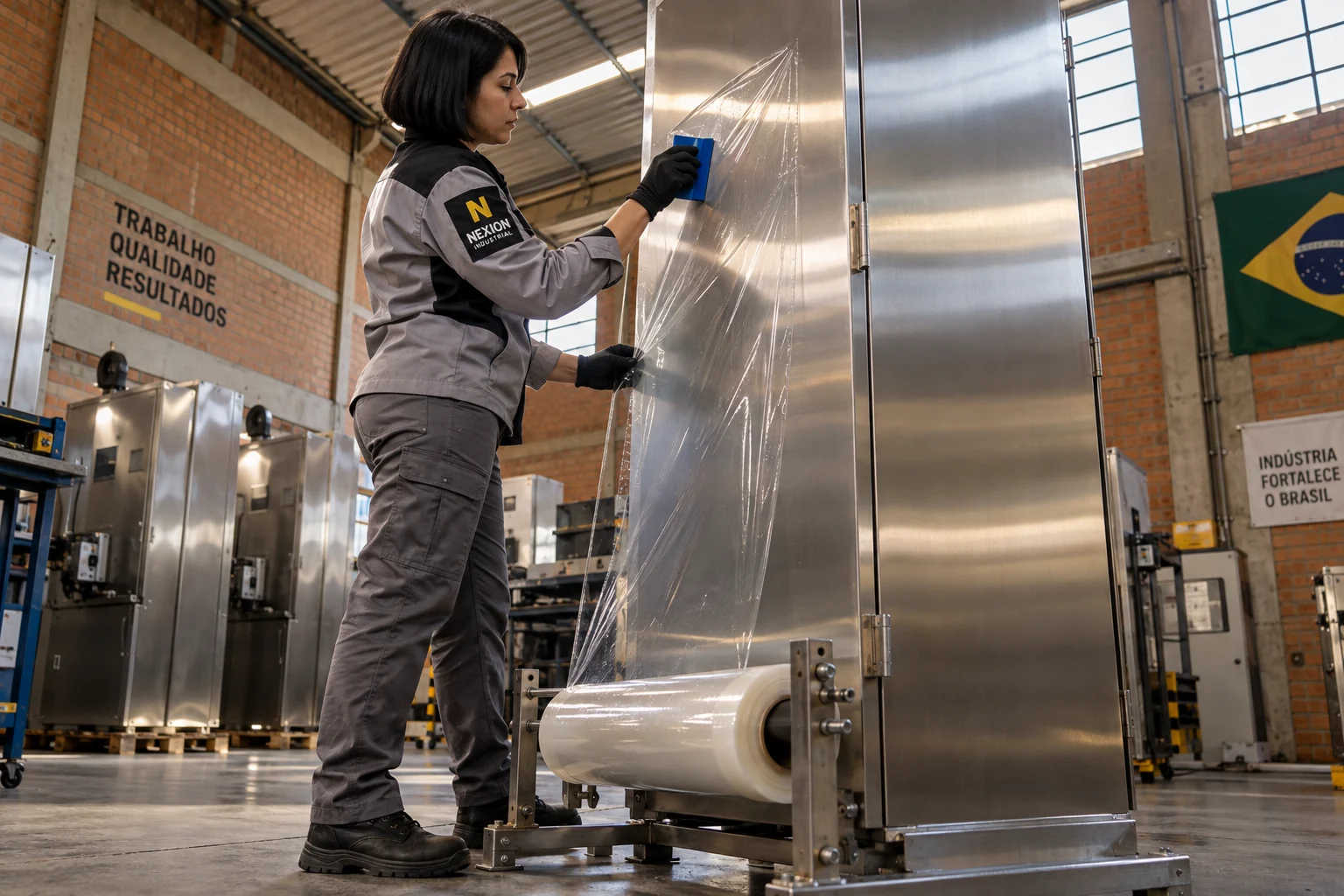 Cena ilustrativa: profissional com uniforme Nexion aplica filme transparente em um painel de aço inox na vertical.